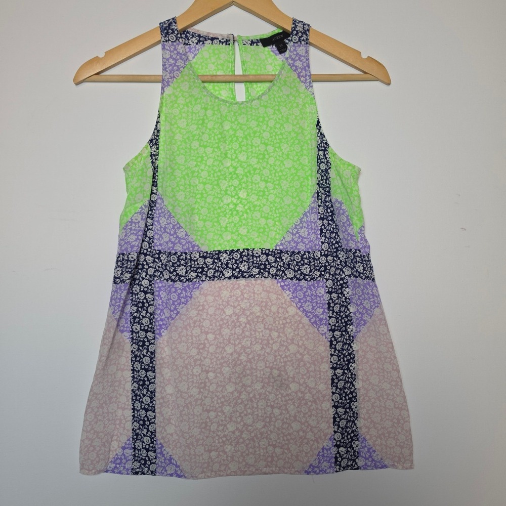J.Crew Mixed Floral Patchwork Silk Sleeveless Blouse Green Purple Pink Size 00